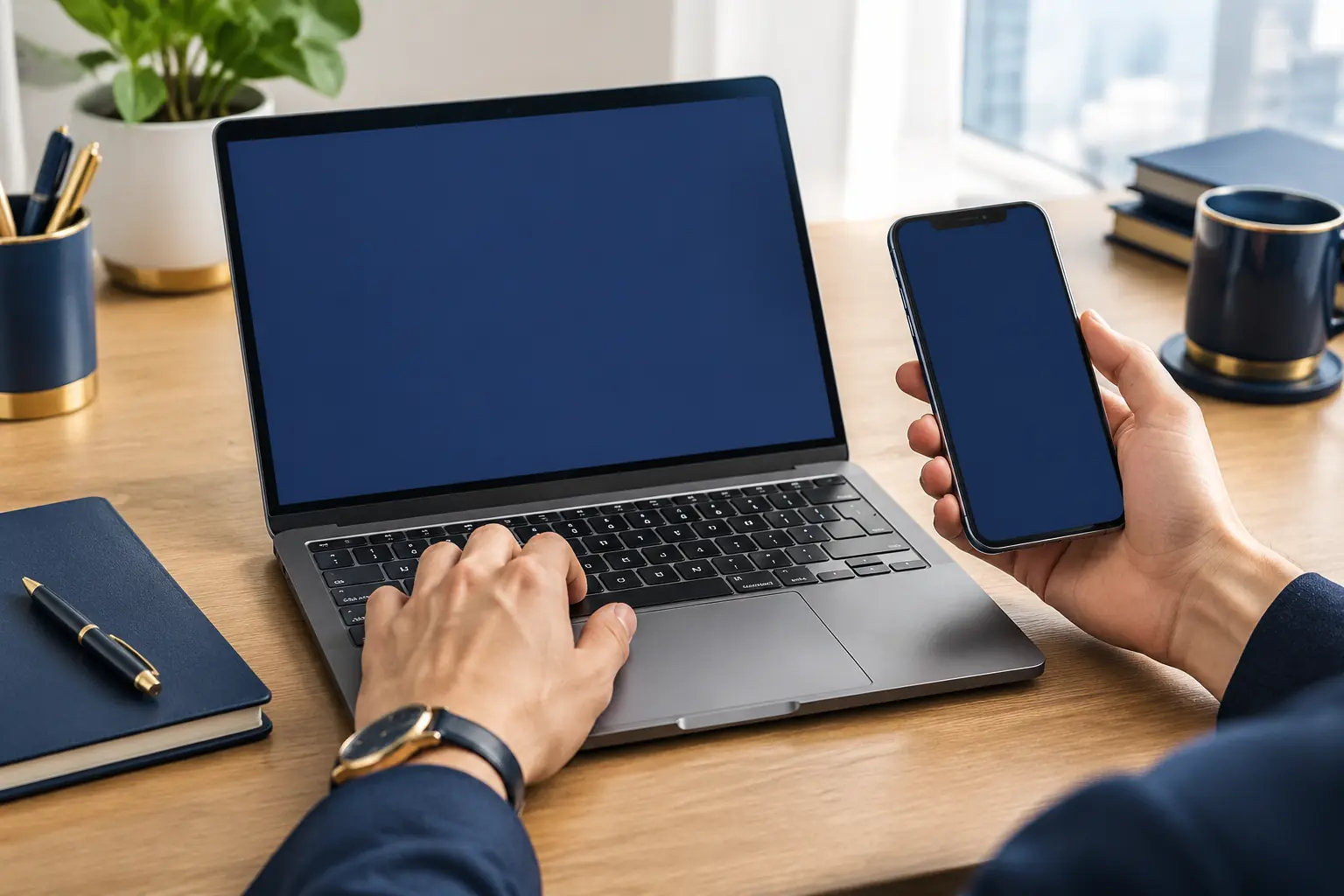 Laptop dan ponsel untuk menyiapkan akses akun.