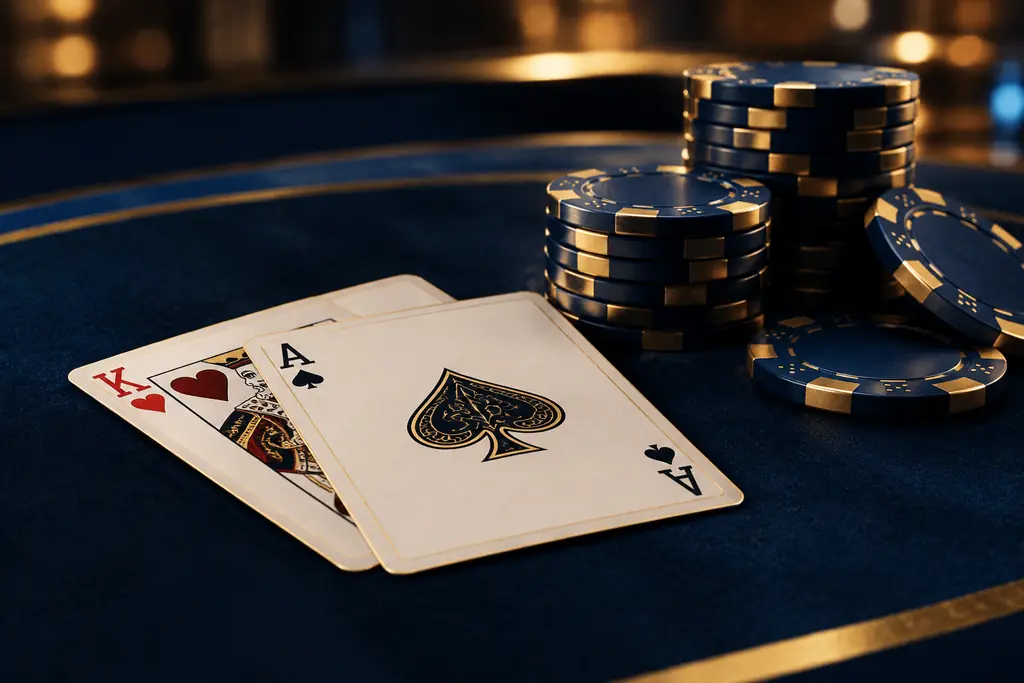 Dua kartu dan chip di meja blackjack.