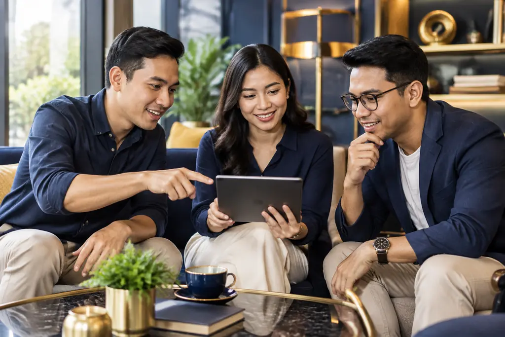 Pengunjung dewasa berdiskusi di ruang modern.