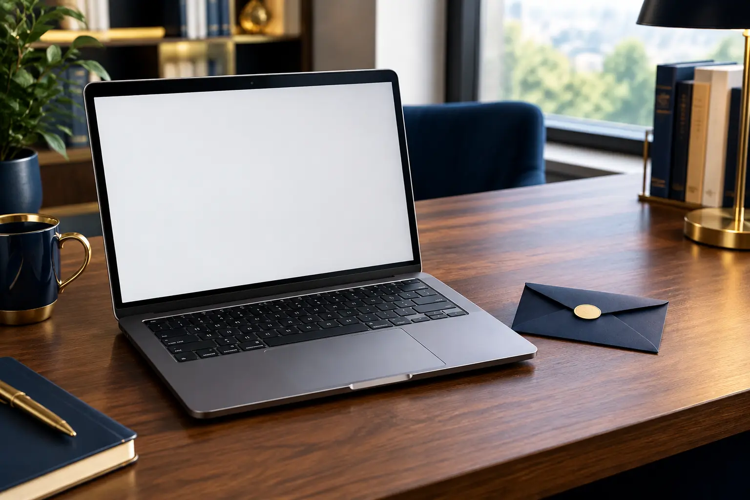 Meja kontak dengan laptop dan amplop.