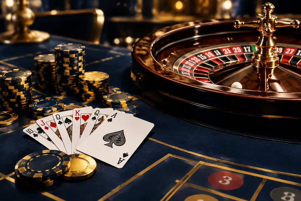 Kartu dan roda roulette pada meja permainan.