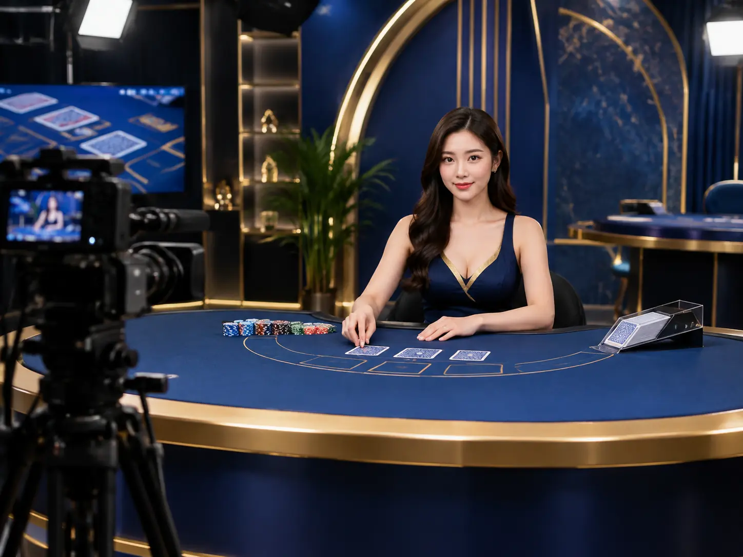 Studio permainan live dengan kamera dan meja kartu.