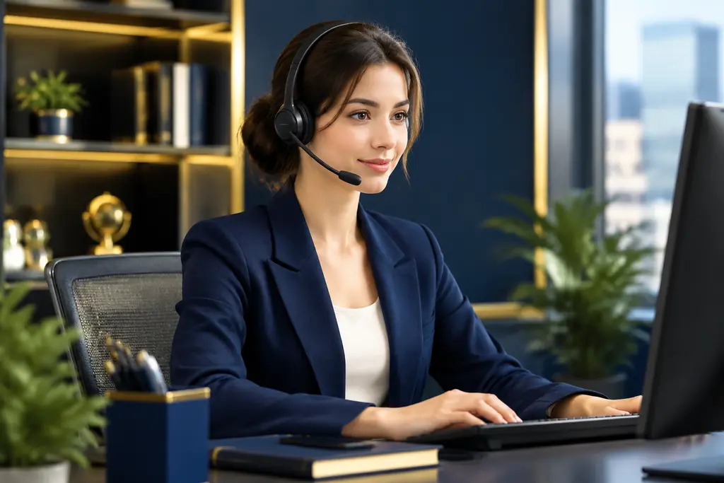 Ruang kerja bantuan dengan petugas dan headset.