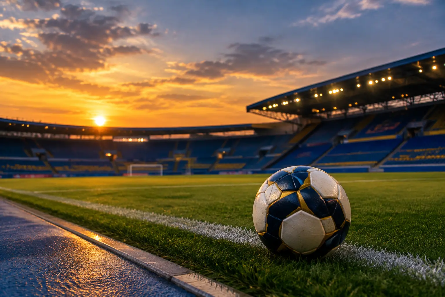 Bola sepak di tepi lapangan stadion.